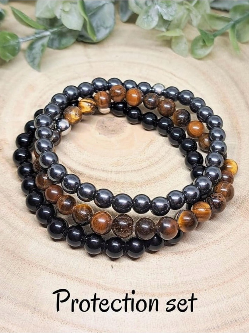 Protection Beaded Bracelet Stack - Black, Brown, Metallic